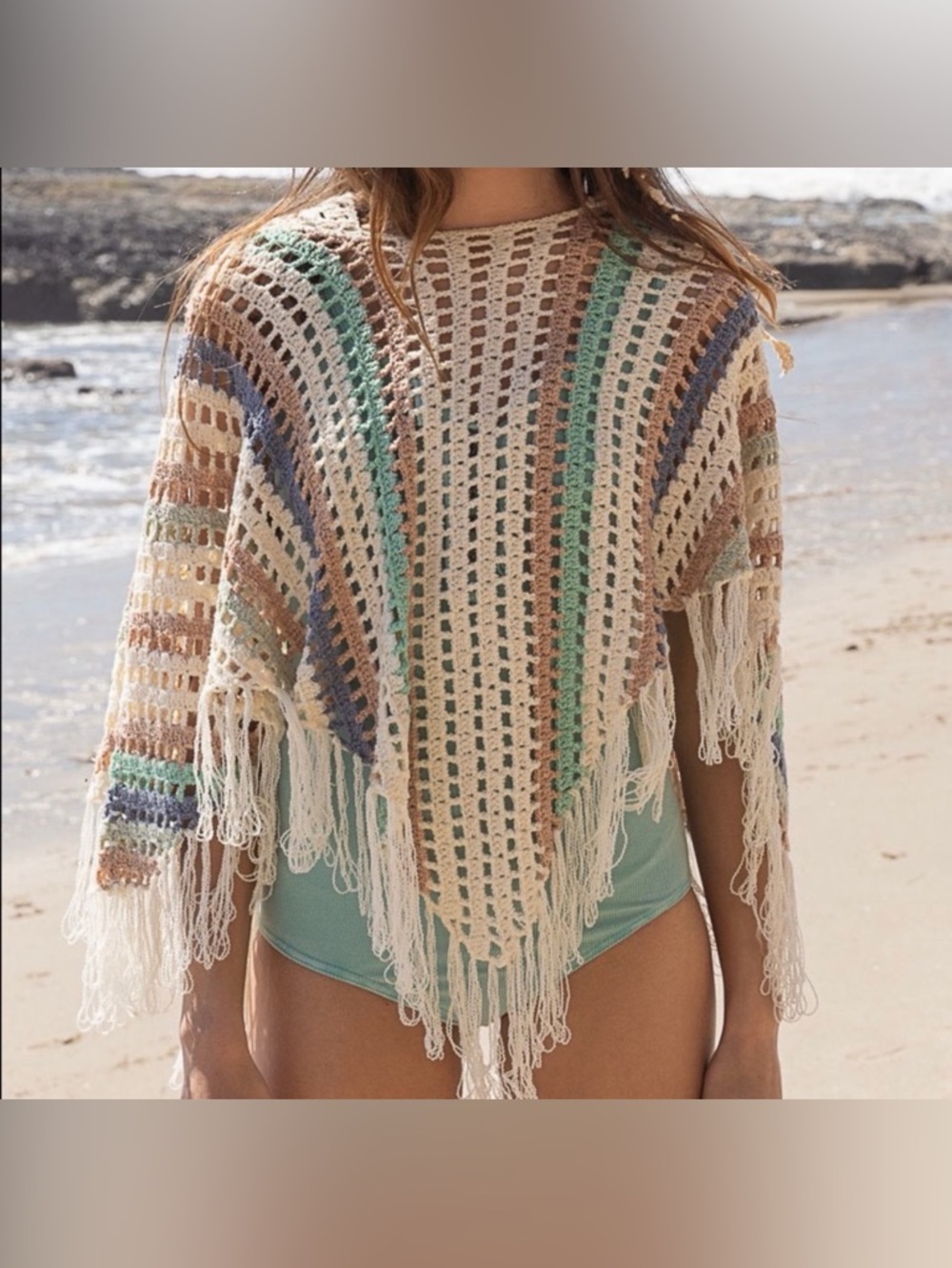 POL Crochet Fringe Swim Coverup in Cream, Mint, Peach & Blue